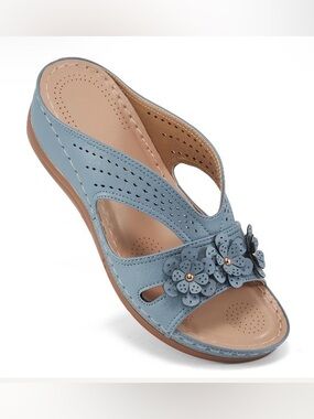 Perforated Floral Slide Sandals - Blue